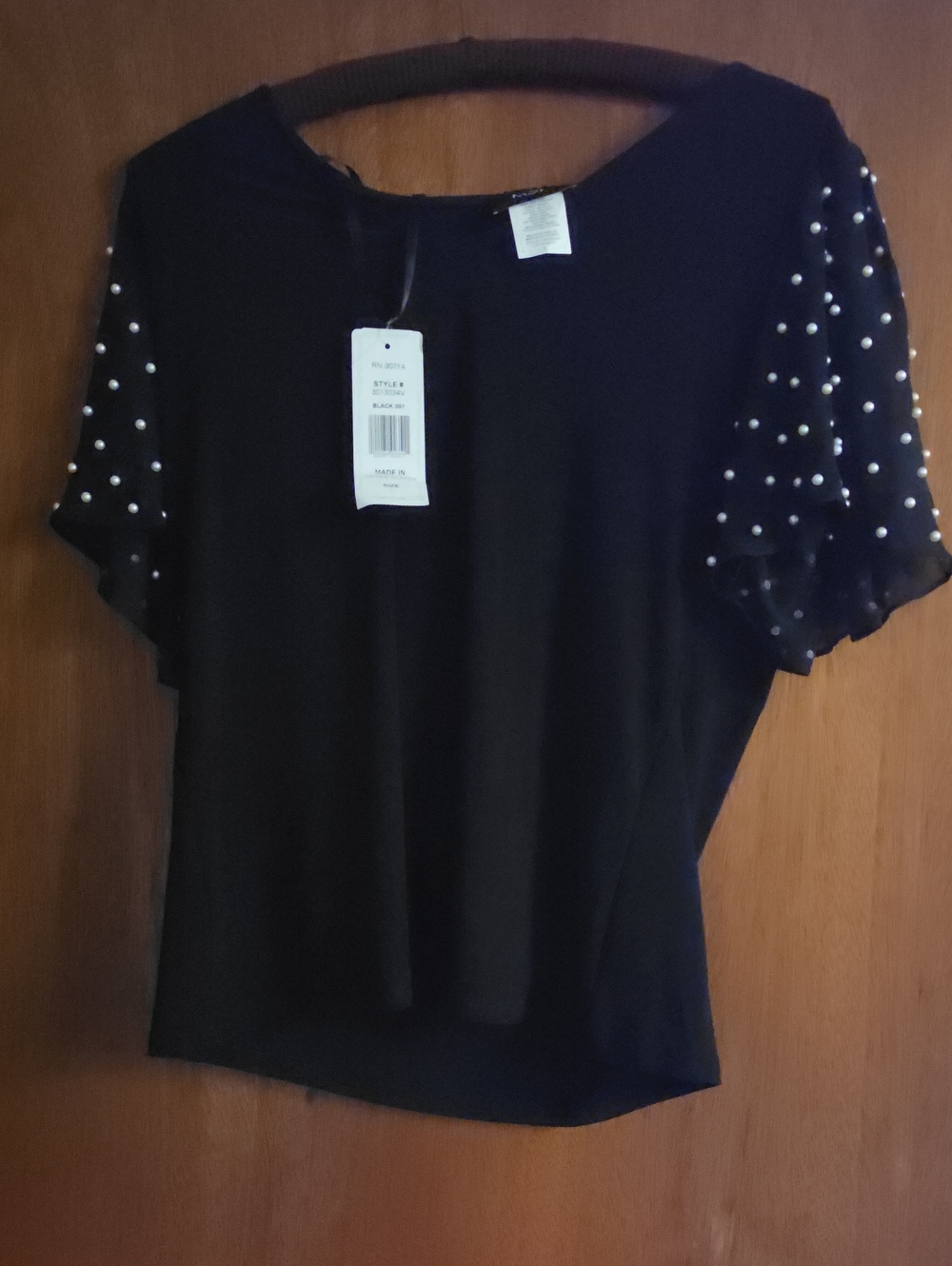 MSK Black Short Sleeve Top with Pearl-Embellished Sleeves